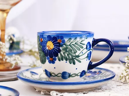 Filiżanka ze spodkiem 0,22 L / 14 cm Bolesławiec - Kwiaty Kuleszy
