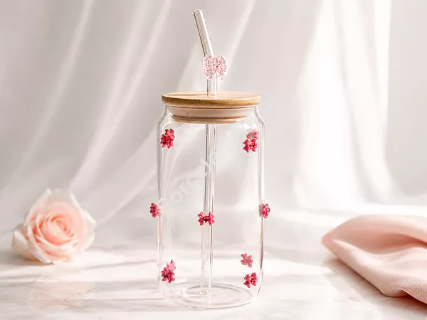 Szklanka ze słomką 460 ml Ecarla - Różowe kokardki 20.SZK135 Szklanka ze słomką 460 ml Ecarla - Różowe kokardki 20.SZK135