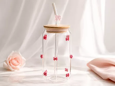 Szklanka ze słomką 460 ml Ecarla - Różowe kokardki 20.SZK135