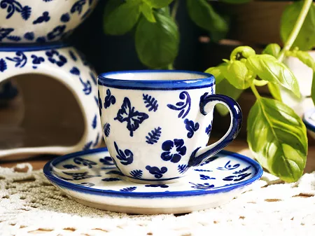 Filiżanka ze spodkiem do espresso 0,11 L / 12,5 cm Bolesławiec - Niebieskie Motyle