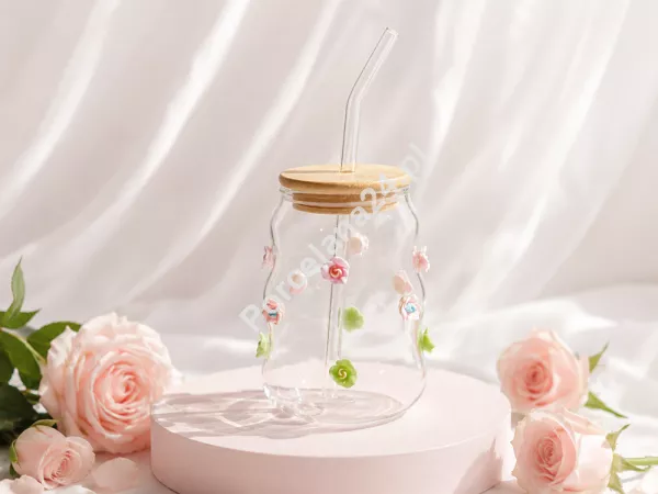 Szklanka ryflowana ze słomką 450 ml Ecarla - Różyczki 20.SZK164 Szklanka ryflowana ze słomką 450 ml Ecarla - Różyczki 20.SZK164