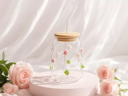 Szklanka ryflowana ze słomką 450 ml Ecarla - Różyczki 20.SZK164